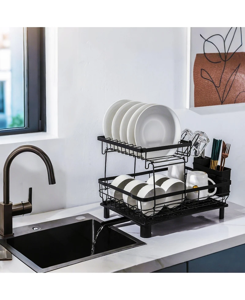 Sugift 2-Tier Detachable Dish Drying Rack Stainless Steel Rack with Cutlery Box and Cup Holder