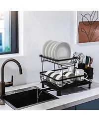 Sugift 2-Tier Detachable Dish Drying Rack Stainless Steel Rack with Cutlery Box and Cup Holder
