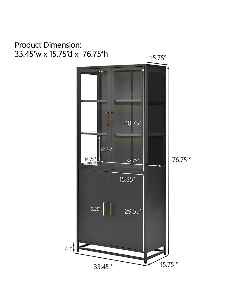 Streamdale Furniture 76.75 Inch Tall Glass Display Cabinet with Led Lights and Steel Frame
