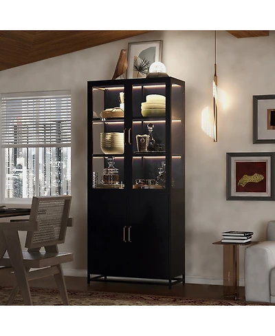 Streamdale Furniture 76.75 Inch Tall Glass Display Cabinet with Led Lights and Steel Frame