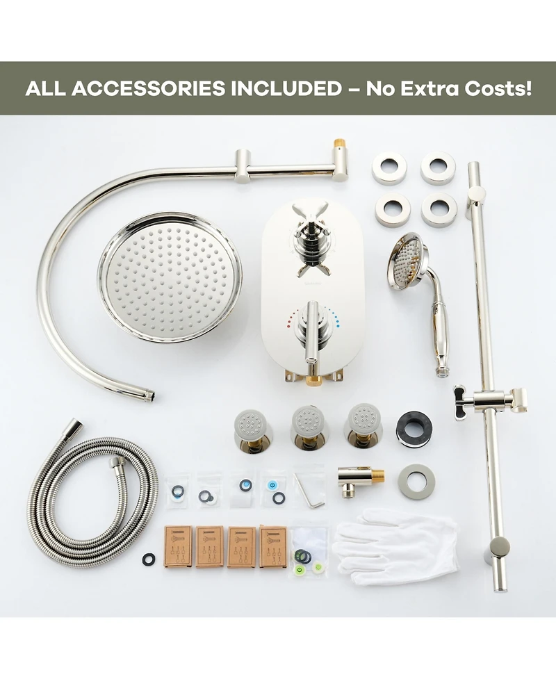 Casainc 3-Function Vintage Thermostatic Rainfall Shower System with Rainfall Head, Hand Shower and Body Jets