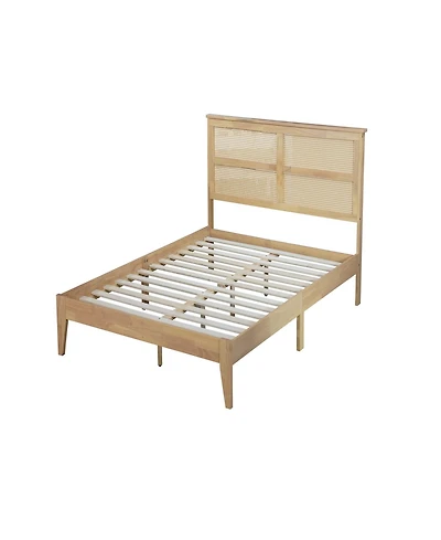 Clihome Queen Size Rubber Wooden, Solid Wooden Bed with Rattan Headboard, Enhanced by Support Feet
