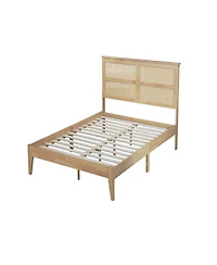 Clihome Queen Size Rubber Wooden, Solid Wooden Bed with Rattan Headboard, Enhanced by Support Feet