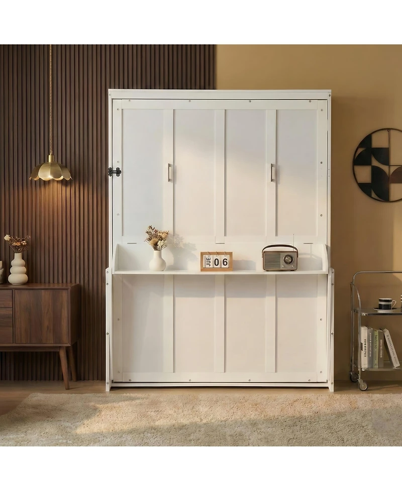 Clihome Queen Size Wood Vertical Murphy Bed, Space-Saving Hidden Wall Bed, Wall Bed Cabinet