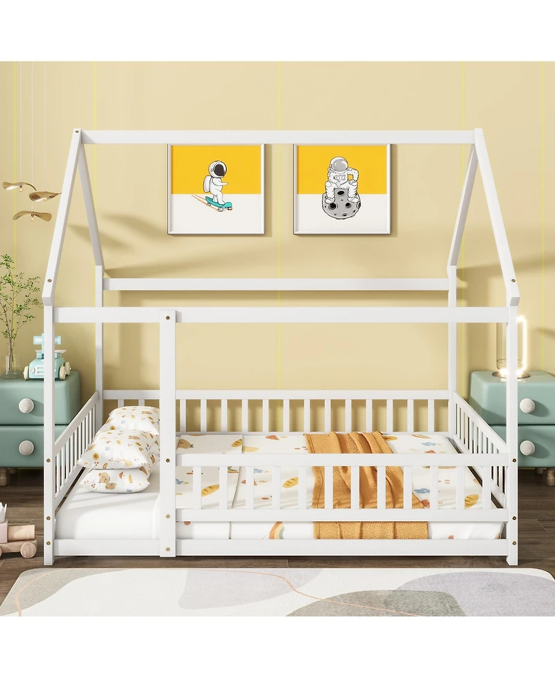 Clihome Full Size House Floor Wooden Bed with Roof Frame, Safety Guardrails