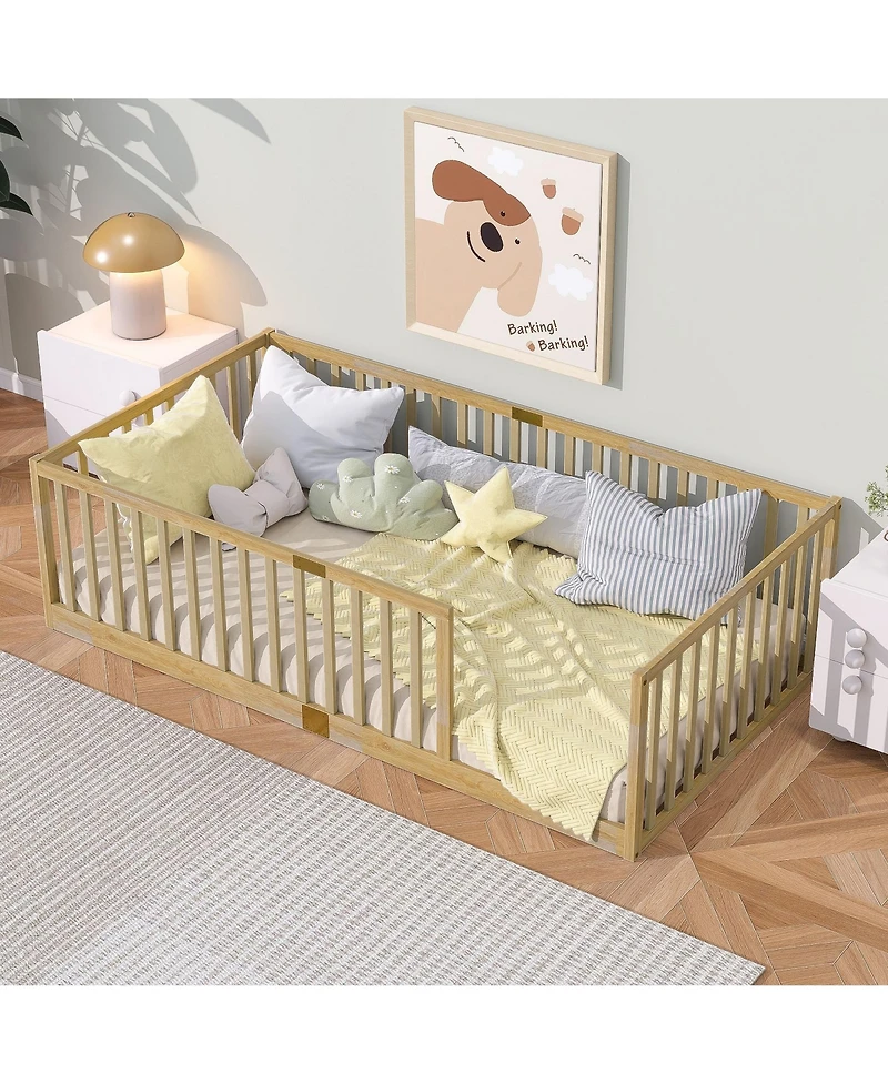 Clihome Floor Bed with High Fence Railings, with Door,6 Slats Included