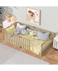 Clihome Floor Bed with High Fence Railings, with Door,6 Slats Included