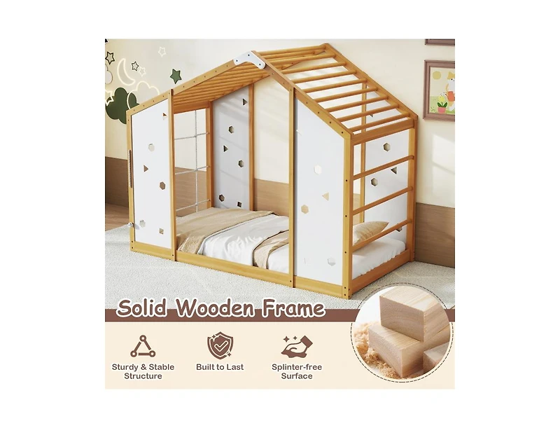 Slickblue Twin Floor Bed with Monkey Bars Montessori Climbing Bed