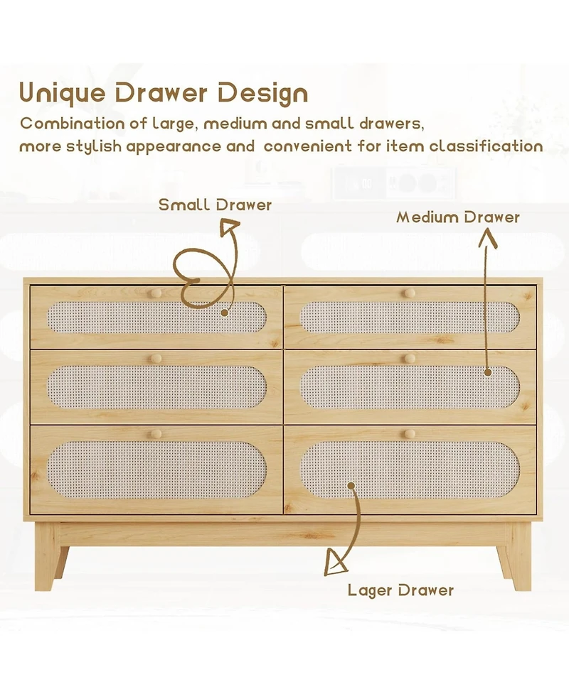 gaomon 6 Chests of Drawers Storage for Bedroom, Rattan Drawer Dresser, with Usb Ports and Outlets, Rattan Storage Dresser for Living Room