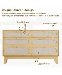 gaomon 6 Chests of Drawers Storage for Bedroom, Rattan Drawer Dresser, with Usb Ports and Outlets, Rattan Storage Dresser for Living Room