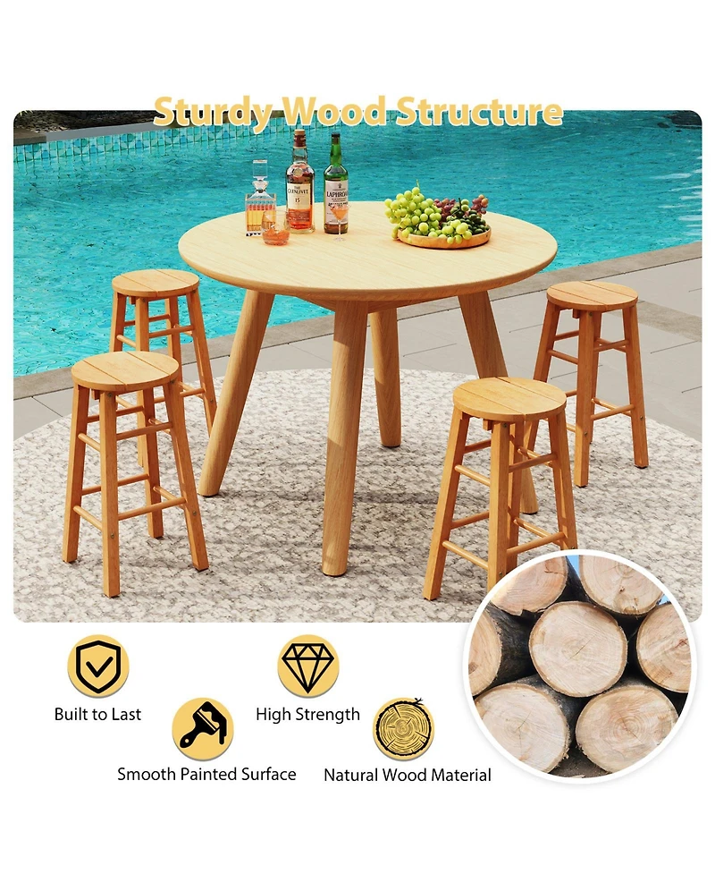 Gymax Set of 2 Outdoor Wood Bar Stools with Round Seat Footrest