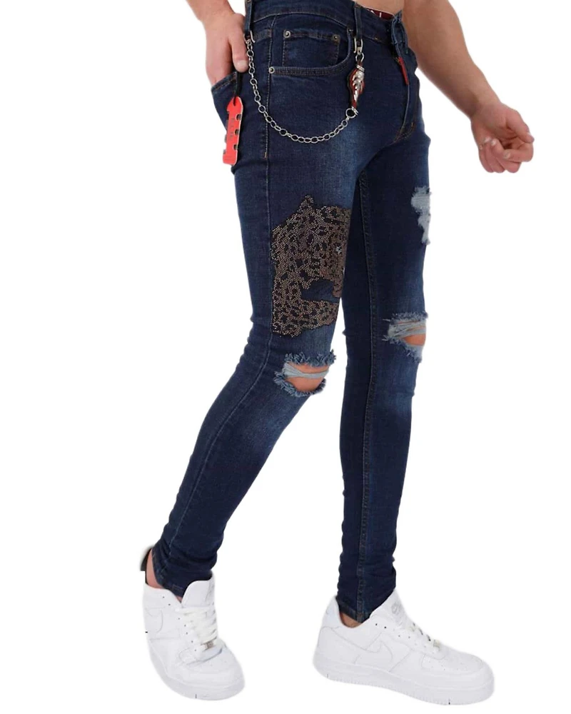 Elie Balleh Men's leopard patch skinny distressed jeans for men