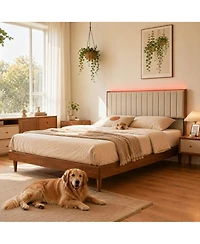 homfan Platform Bed Frame with Led and Usb Ports, Upholstered Headboard with Shelves, No Box Spring Needed, Heavy Duty Wood Metal Frame
