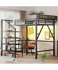 Streamdale Furniture Full Size Metal Loft Bed with Desk, Charging Station, and Storage Stairs