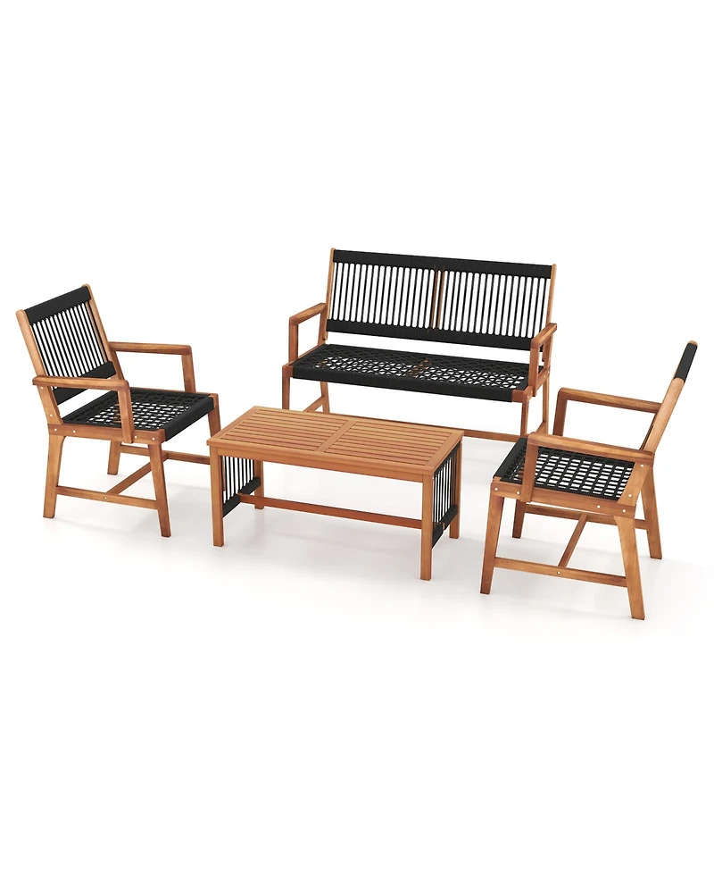 Gymax 4 Pieces Conversation Set Acacia Wood Loveseat Chair & Table for Patio