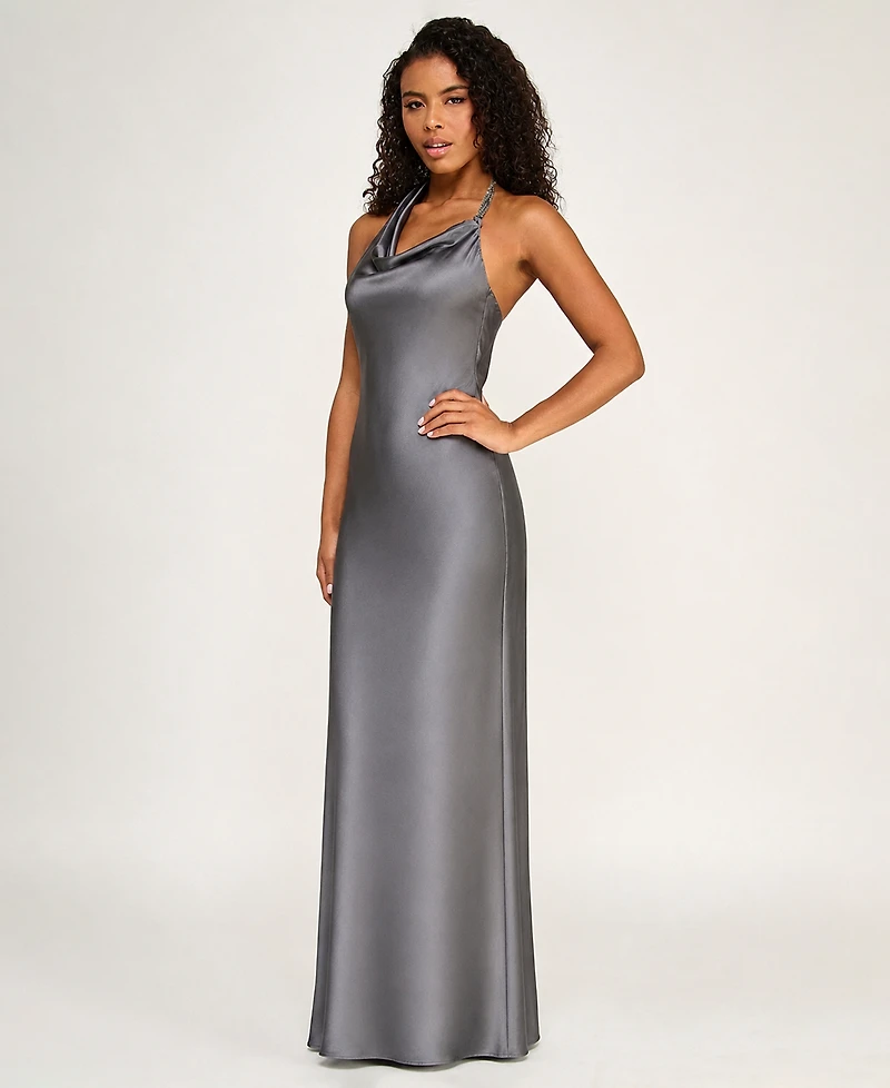 Seni & Cade Juniors' Halter Neck Satin Long Dress