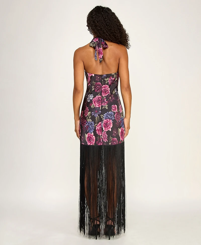 Seni & Cade Juniors' Fringe Hem Floral Halter Neck Dress