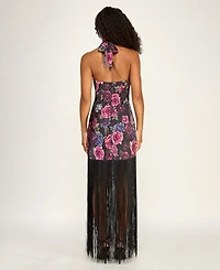 Seni & Cade Juniors' Fringe Hem Floral Halter Neck Dress