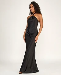 Seni & Cade Juniors' Asymmetrical Drape Waist Halter Neck Gown