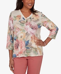 Alfred Dunner Women's Camden Market Bold Roses V-Neck Knit Top