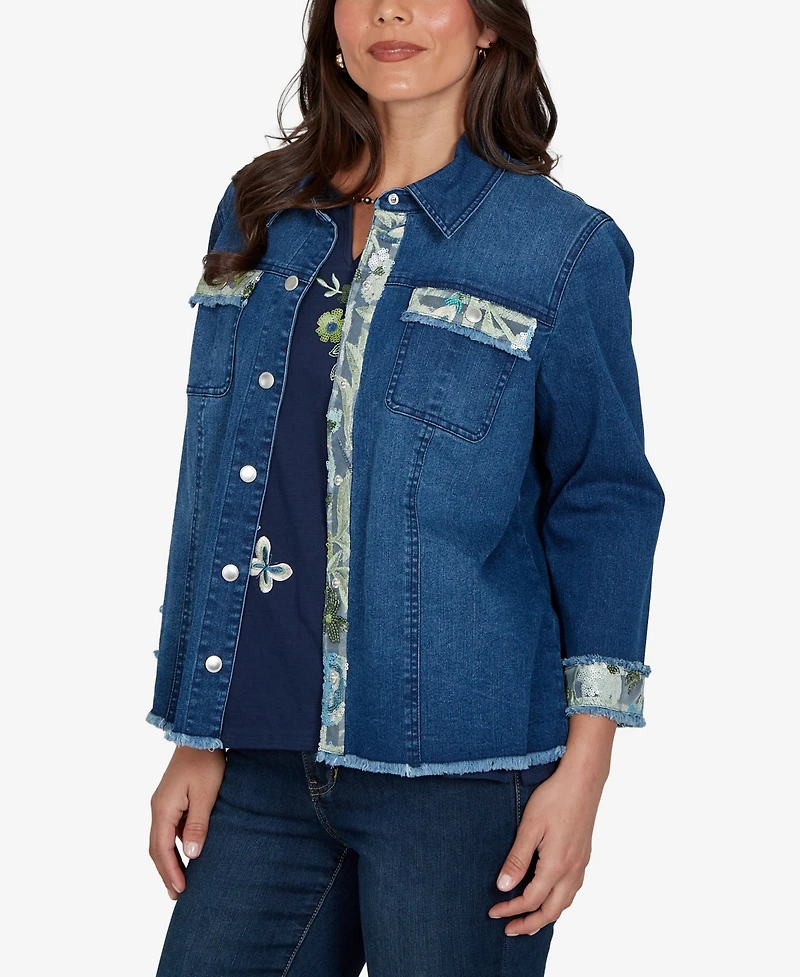 Alfred Dunner Women's Indigo Girls Sequin Embellished Stretch Denim Jacket