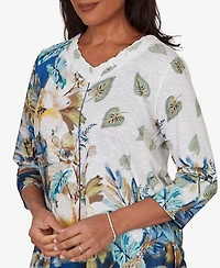 Alfred Dunner Women's Indigo Girls Placed Texture Floral Knit Top