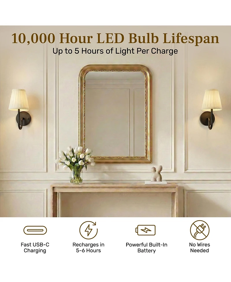 Bell + Howell Set of 2 Folded Pleat Shade Dimmable Led Rechargeable Cordless Touch Control Lights Wall Sconces
