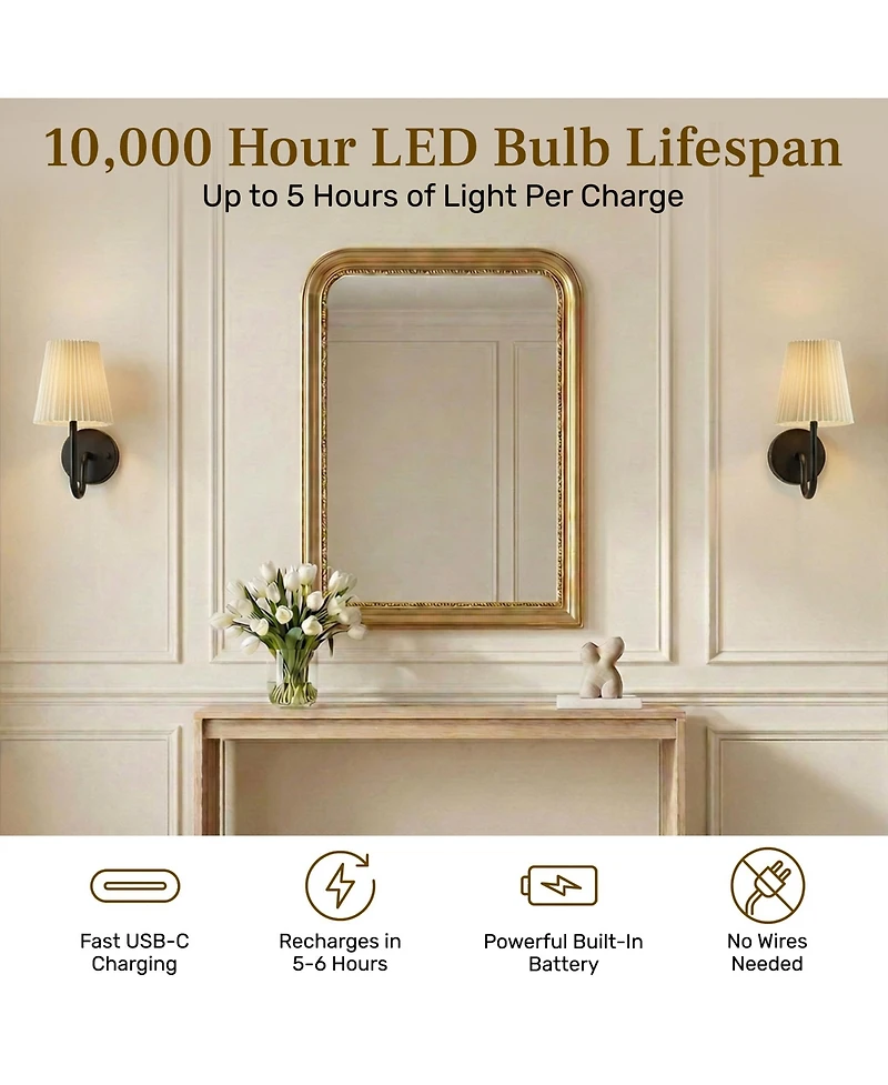 Bell + Howell Set of 2 Accord Pleat Shade Dimmable Led Rechargeable Cordless Touch Control Lights Wall Sconces