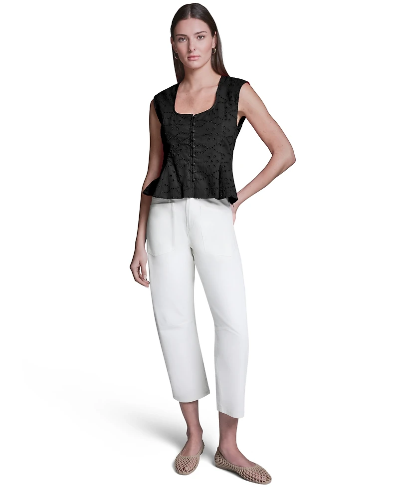 Bcbg Women's Eyelet Detail Sleeveless Square Neck Peplum Top