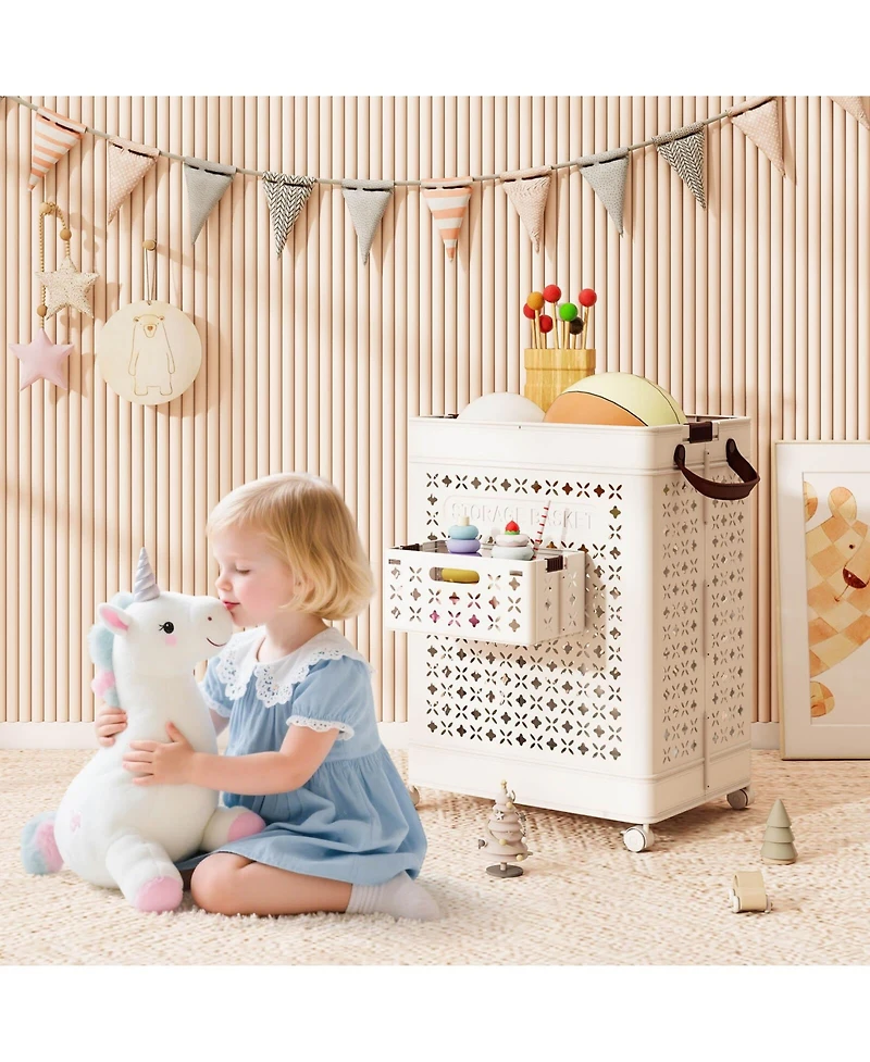 Costway Collapsible Laundry Basket Movable Laundry Cart with Side Basket, Lockable Wheels