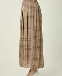 Modenaire Women's Plaid Pleated Maxi Skirt With Side Pockets