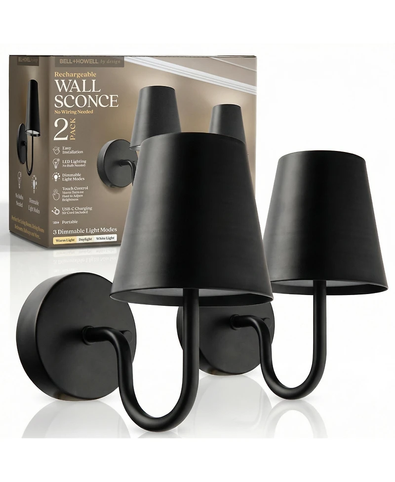 Bell + Howell Set of 2 Modern Metal Shade Dimmable Led Rechargeable Cordless Touch Control Lights Wall Sconces