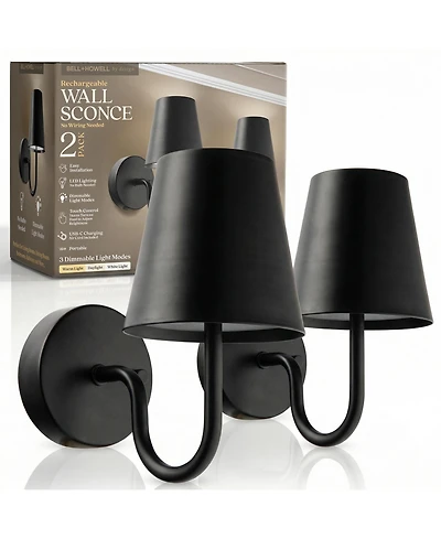 Bell + Howell Set of 2 Modern Metal Shade Dimmable Led Rechargeable Cordless Touch Control Lights Wall Sconces