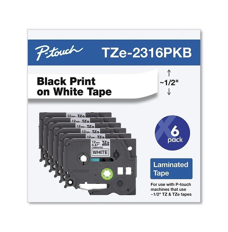 Brother P-Touch TZE2316PKB 0.5 in. TZe Series Standard Adhesive Laminated Labeling Tape