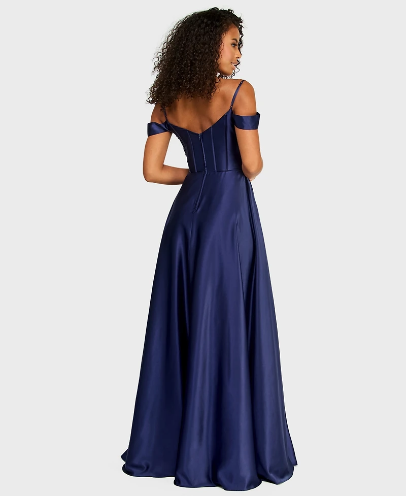 B Darlin Juniors' Off-The-Shoulder Charmeuse Dress