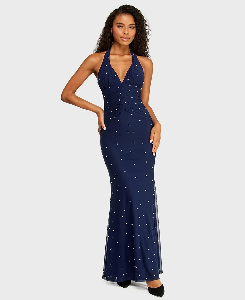 B Darlin Juniors' Halter Mesh with Pearls Gown Ruched Bodice