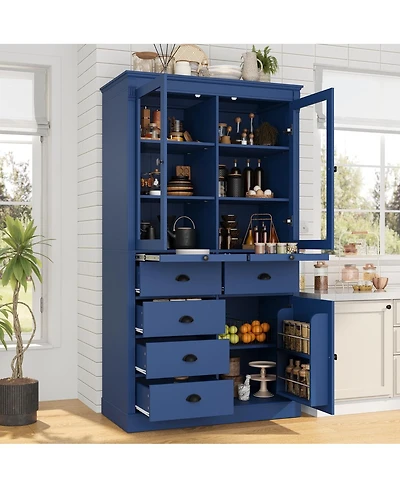 Streamdale Furniture Vintage 72''H Kitchen Pantry with Glass Doors and Storage Drawers