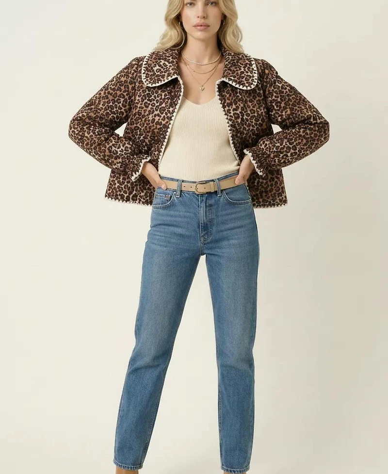 Modenaire Women's Leopard Print Quilted Jacket