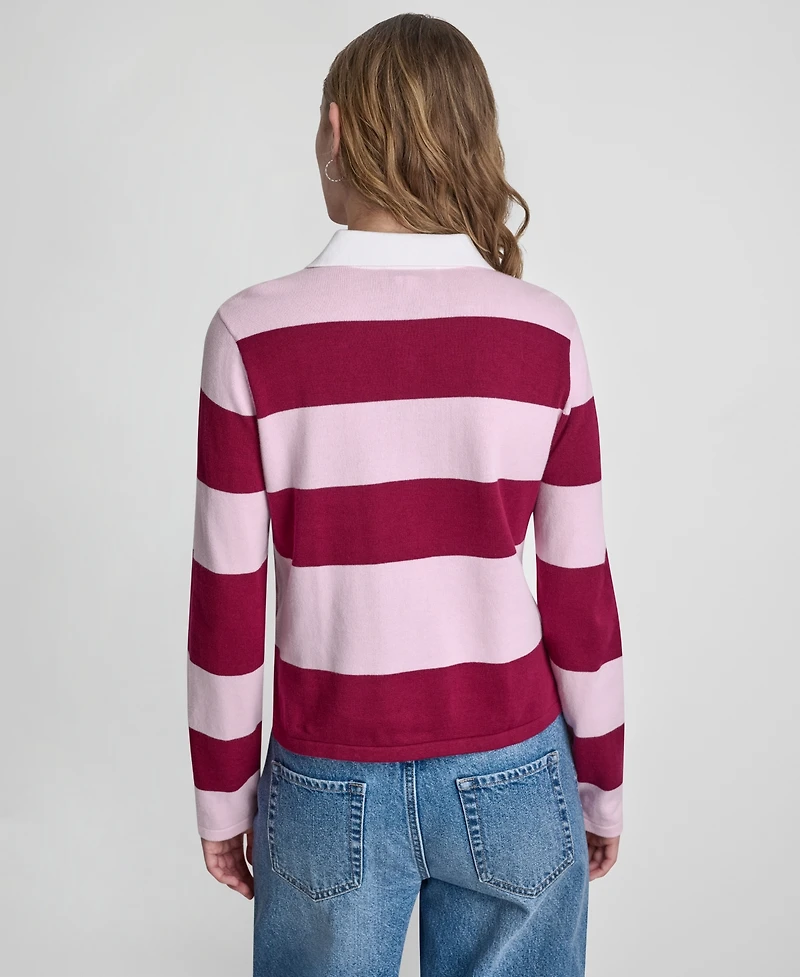 Dkny Jeans Women's Long-Sleeve Logo Charm Multi-Stripe Cotton Polo Sweater