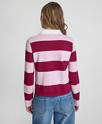 Dkny Jeans Women's Long-Sleeve Logo Charm Multi-Stripe Cotton Polo Sweater
