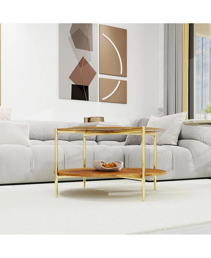 Streamdale Furniture Modern Gold Round Double-Layer Tempered Glass Coffee Table (32.28")