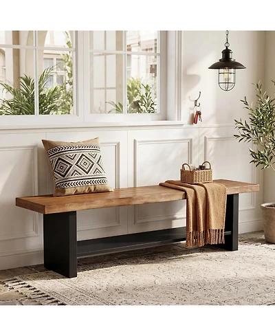 Tribesigns 55" Solid Wood Bench with Shoe Storage, 2-Tier Farmhouse Entryway Bench, Narrow Bench