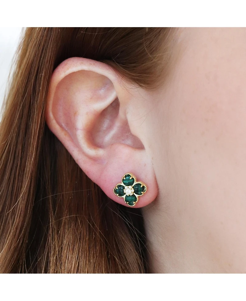 The Lovery Malachite Cz Flower Stud Earrings 14K Gold-Plated Sterling Silver