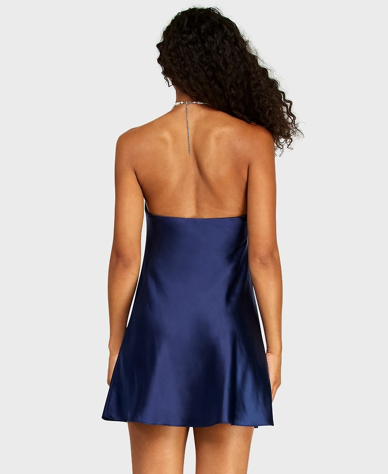 Alexa & Sophia Juniors' Halter Heavy Satin Dress with Pearl Beaded Necklace Detail