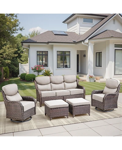 Patio Furniture Set with 6-Inch Thick Cushion, 5-Piece Outdoor Conversation Sofa, Swivel Rocker Chairs and Ottomans