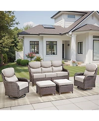 Patio Furniture Set with 6-Inch Thick Cushion, 5-Piece Outdoor Conversation Sofa, Swivel Rocker Chairs and Ottomans