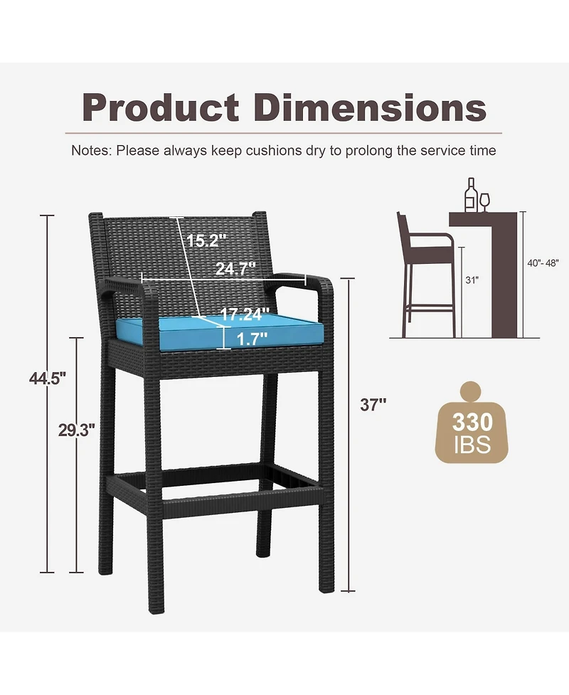 homfan Set of 4 All-Weather Wicker Bar Stools, 30 Inch Patio Height Chairs with Cushions, Ideal for Backyard, Pool, Garden and Balcony