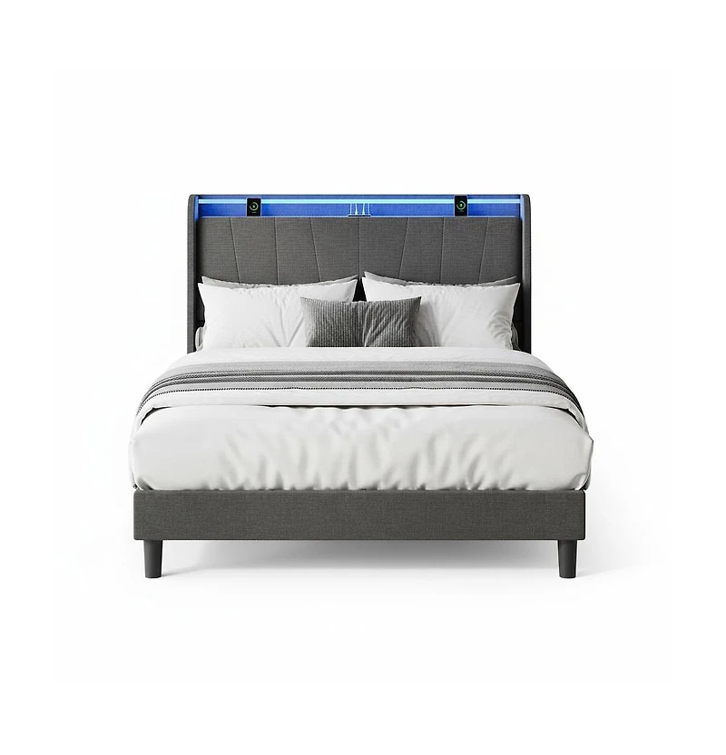 homfan Bed Frame with Charging Station and Led Lights, Upholstered Headboard, Wood Slats, No Box Spring Needed