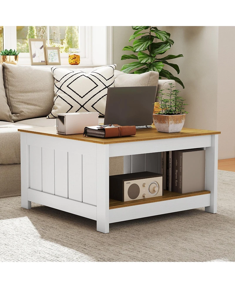 Gymax Coffee Table with Storage Shelf Farmhouse Rustic Center Table Space-Saving