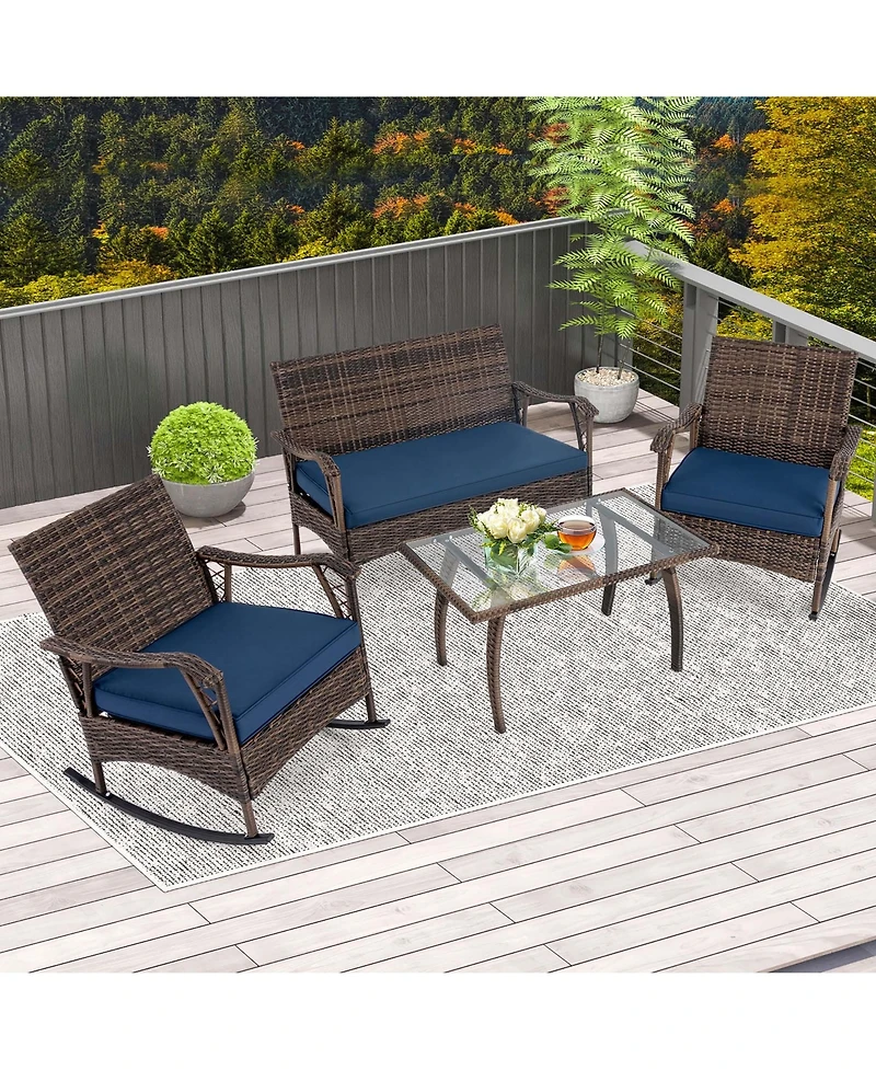 Gymax Set of 4 Wicker Rocking Set with Loveseat and Coffee Table Heavy-Duty Metal Frame